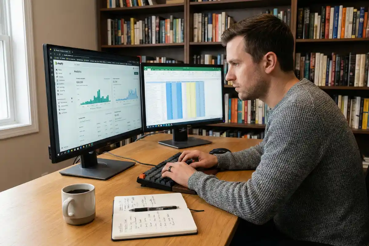 Focused ecommerce founder using the best AI tools for small online store at a structured desk with Shopify analytics and inventory dashboards on dual screens