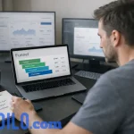 Conversion in digital marketing — e-commerce analytics funnel dashboard on laptop