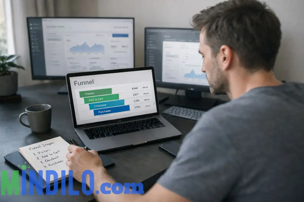 Conversion in digital marketing — e-commerce analytics funnel dashboard on laptop