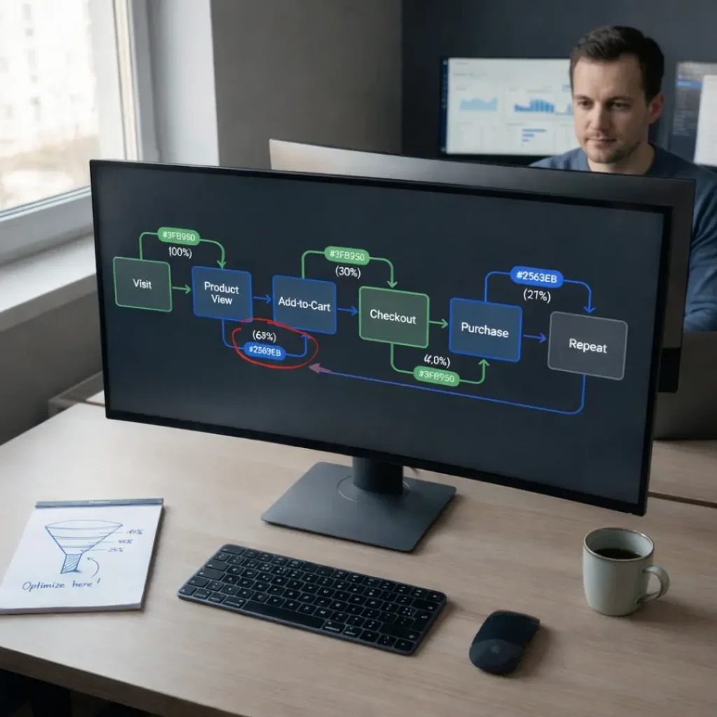 Ecommerce growth funnel map showing acquisition activation retention stages with conversion rate metrics