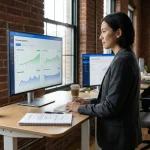 Growth marketer in ecommerce reviewing conversion funnel metrics and experiment results on dashboard