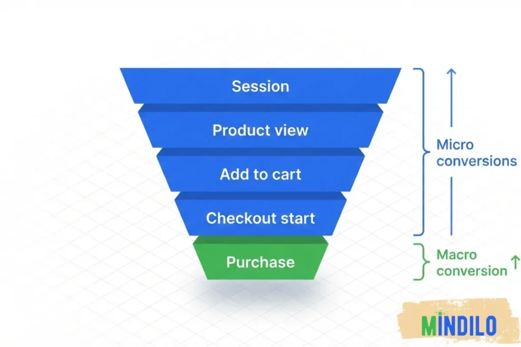 E-commerce funnel diagram showing macro vs micro conversions labeled by funnel step