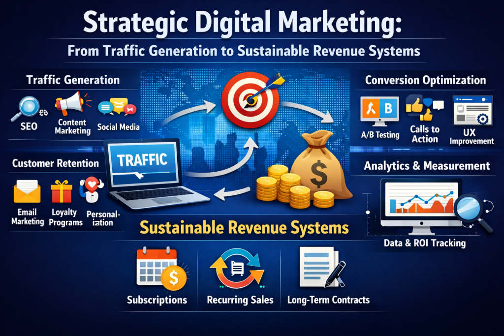 Digital marketing system from traffic to sustainable revenue.