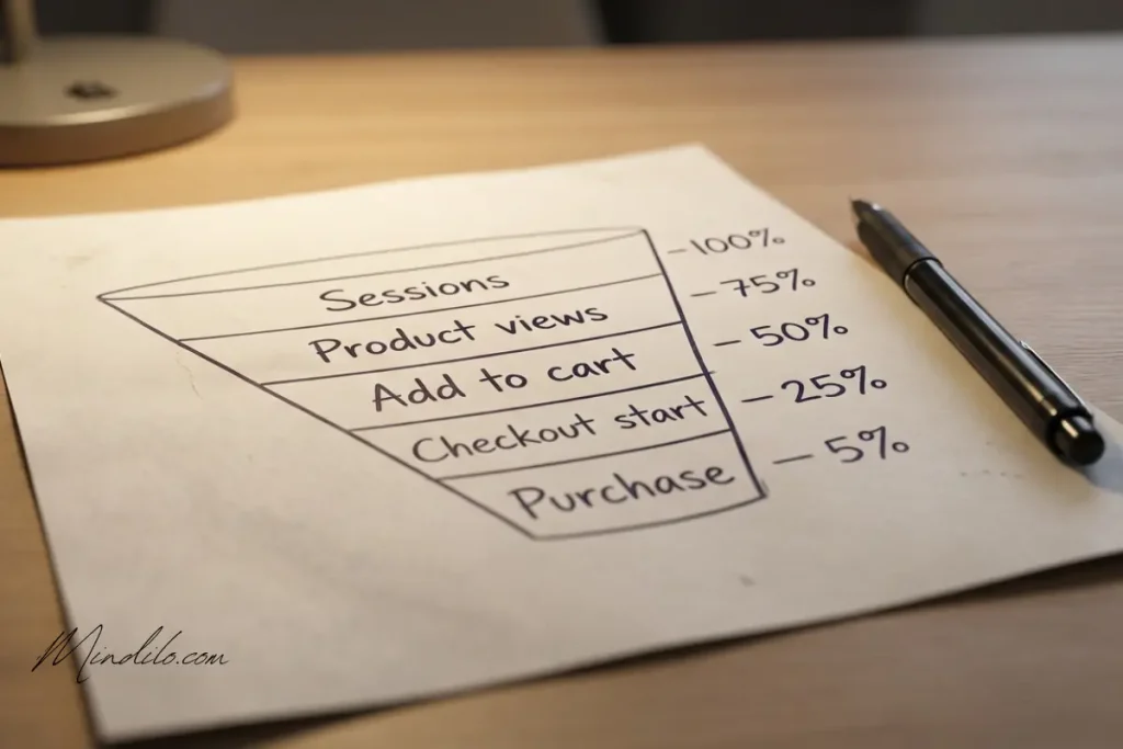 text: Printed ecommerce conversion funnel showing step-by-step rates from sessions to purchase as a CRO working document