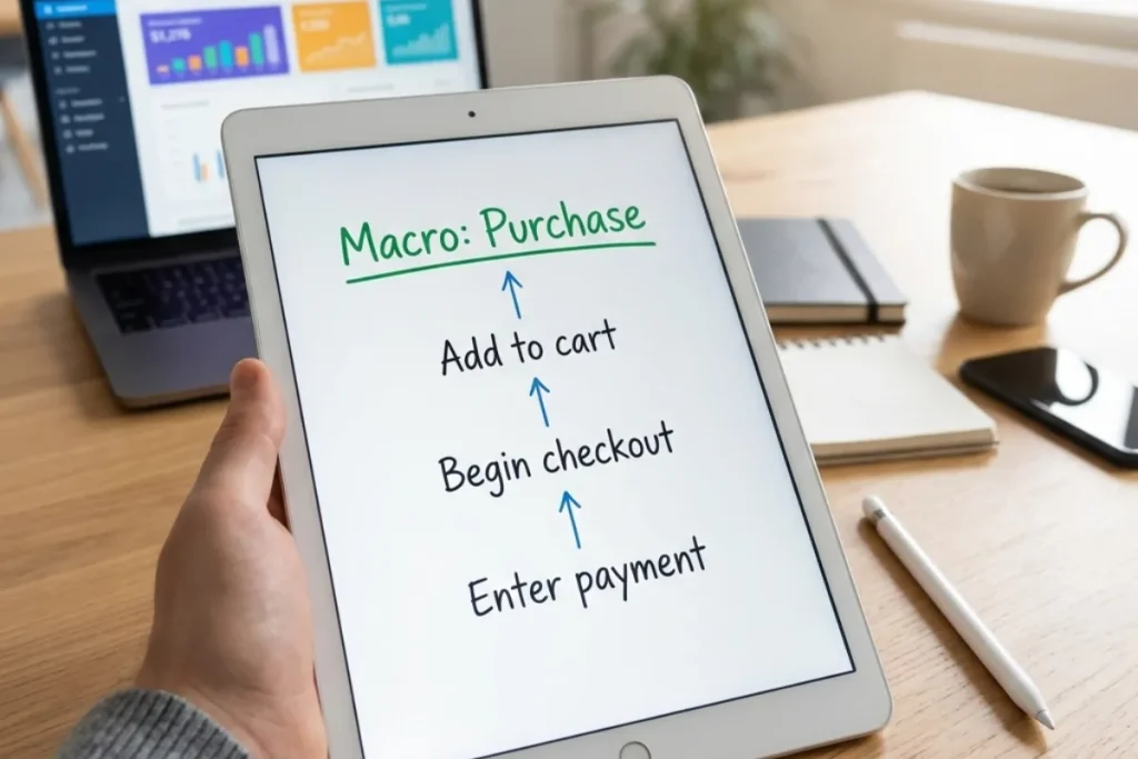 Conversion goal hierarchy showing macro vs micro conversion steps for an e-commerce store