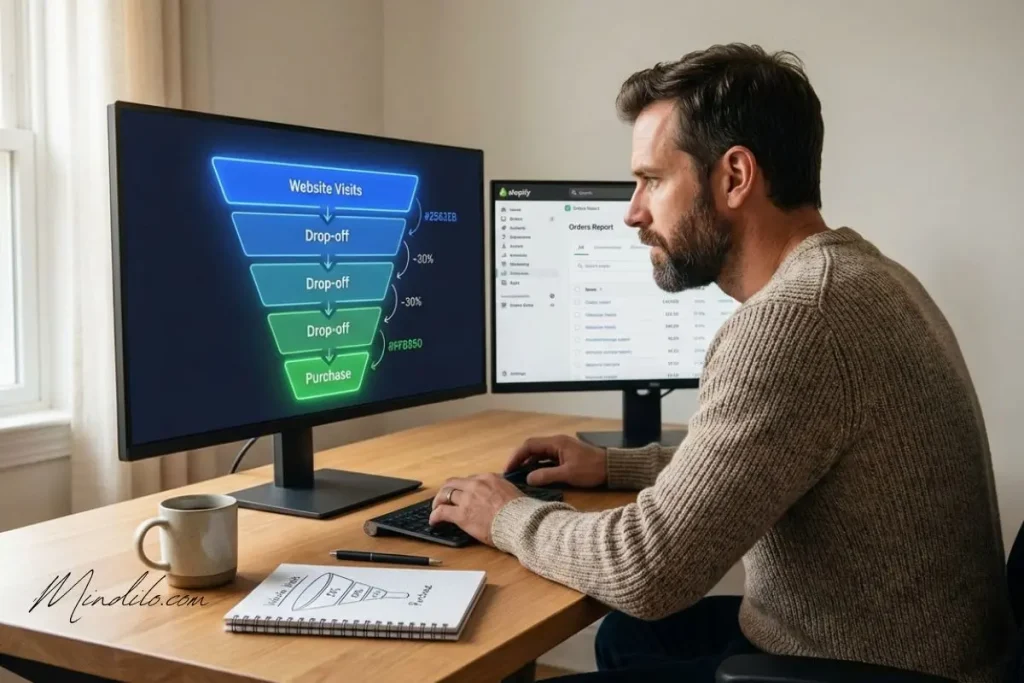Ecommerce conversion system diagram showing six components connected to a central hub including product page, checkout, GA4 tracking, and social proof