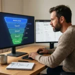 Ecommerce conversion system diagram showing six components connected to a central hub including product page, checkout, GA4 tracking, and social proof