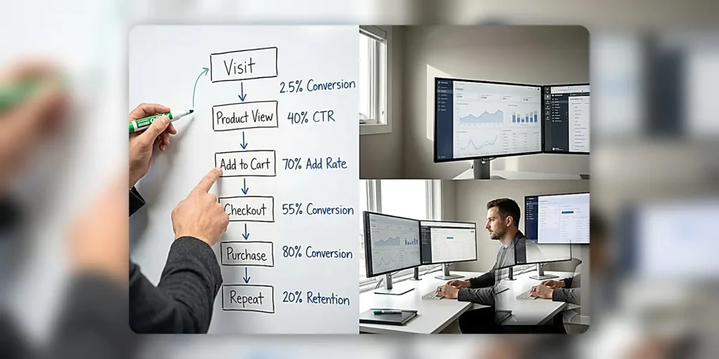 Ecommerce growth marketing dashboard showing funnel metrics and experiment tracking on laptop