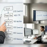 Ecommerce growth marketing dashboard showing funnel metrics and experiment tracking on laptop