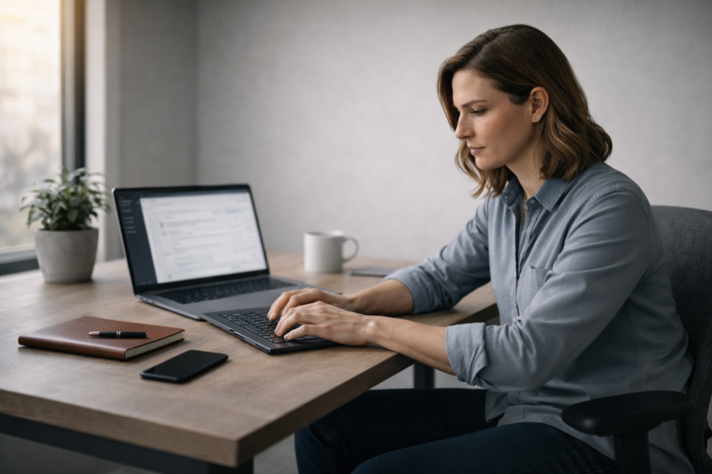 Woman writing in a planner at a minimalist desk with a laptop and coffee mug.