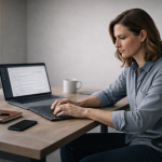 Woman writing in a planner at a minimalist desk with a laptop and coffee mug.