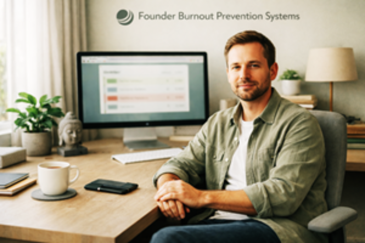 Article explaining how founders can prevent burnout by building structured systems focused on energy management, delegation, recovery rituals, early warning signs, and social support to sustain long-term performance