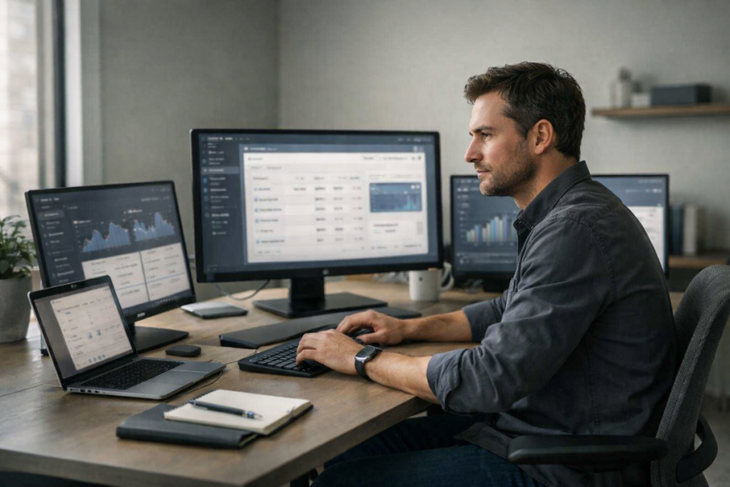 Digital founder managing a productivity operating system from a modern workspace with laptop dashboard and organized workflow tools.