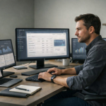 Digital founder managing a productivity operating system from a modern workspace with laptop dashboard and organized workflow tools.