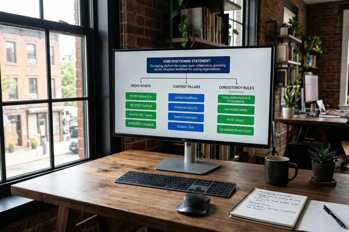 brand positioning online using message architecture with core positioning proof points content pillars and consistency rules