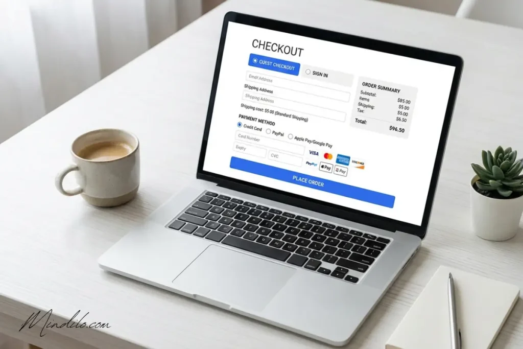 Ecommerce checkout page showing guest checkout option and upfront shipping cost disclosure