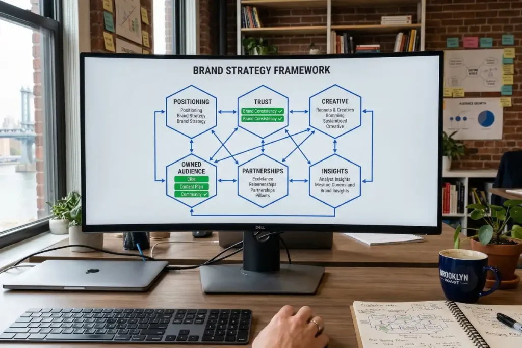 digital marketing for brand growth showing six interconnected systems positioning trust creative owned audience partnerships and insights