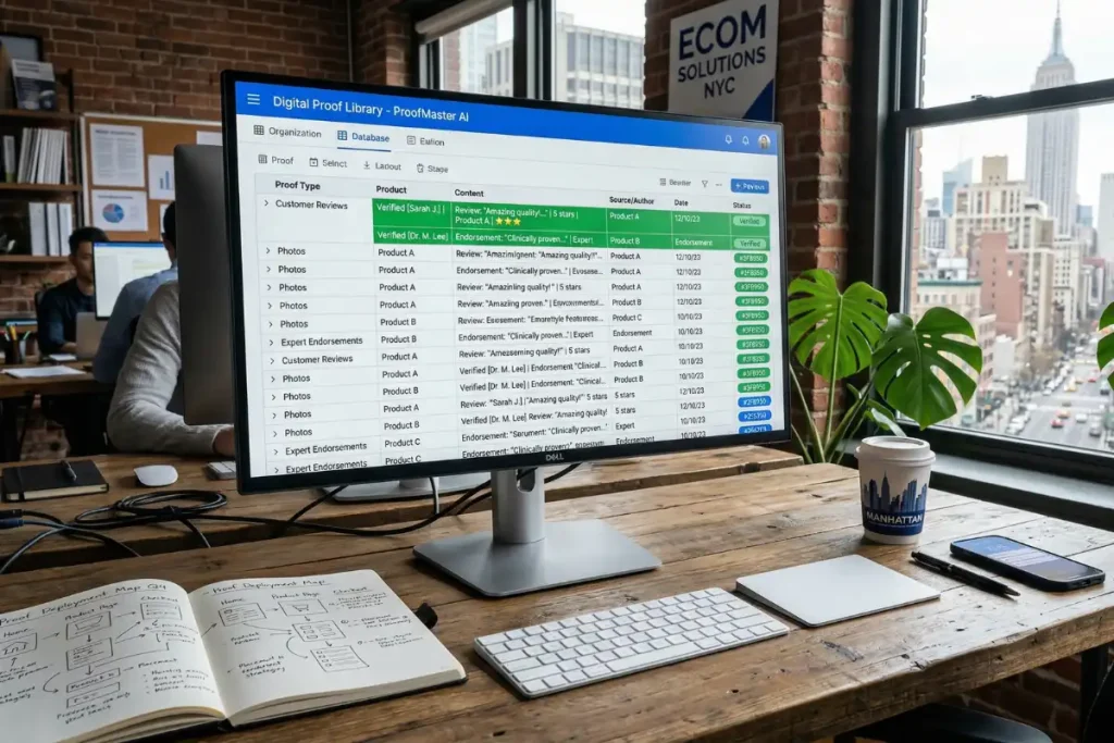 digital proof systems showing organized library of customer reviews photos and endorsements with strategic deployment plan
