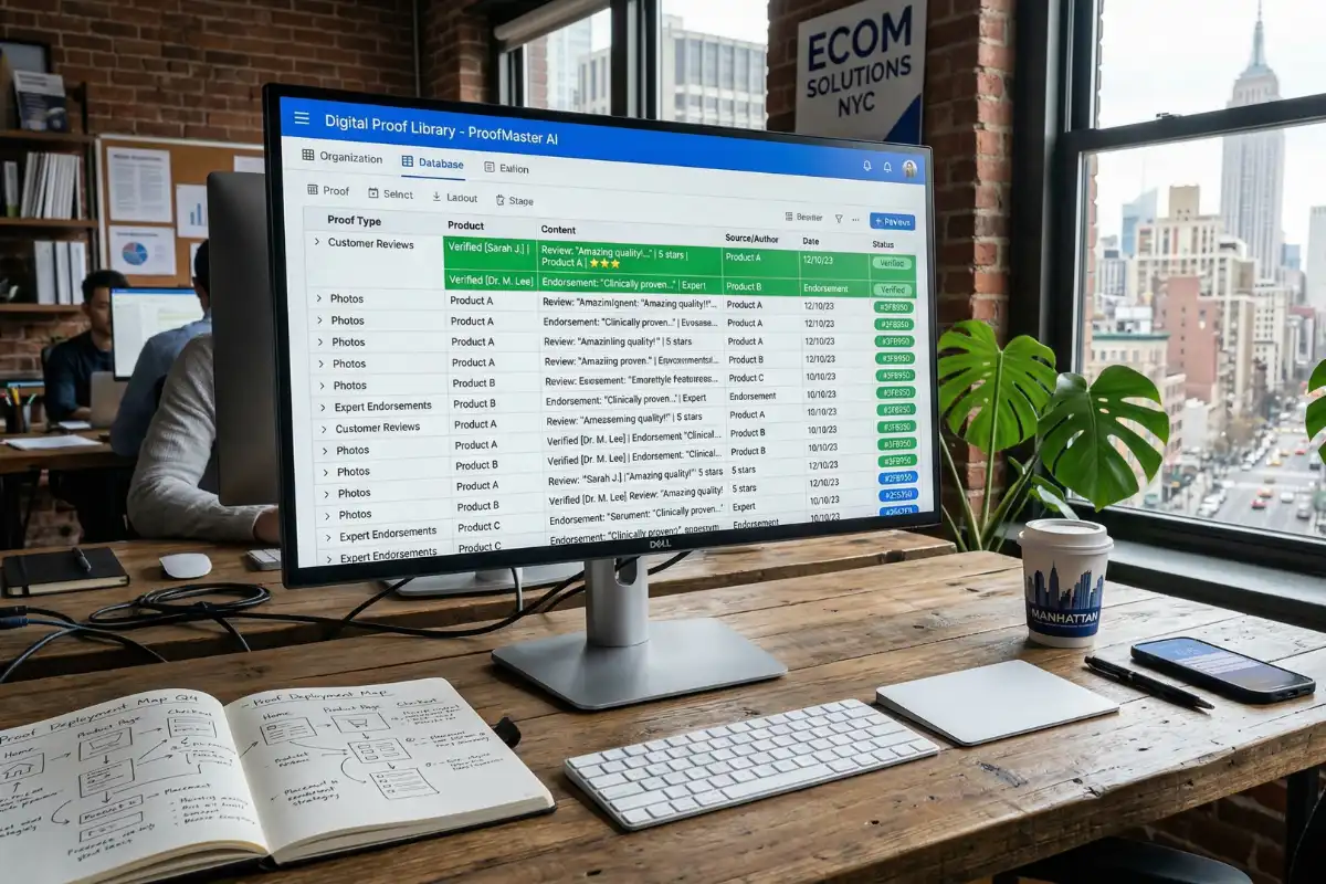digital proof systems showing organized library of customer reviews photos and endorsements with strategic deployment plan