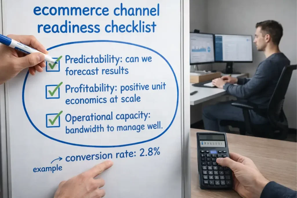 add new ecommerce channel readiness framework showing three tests before diversification