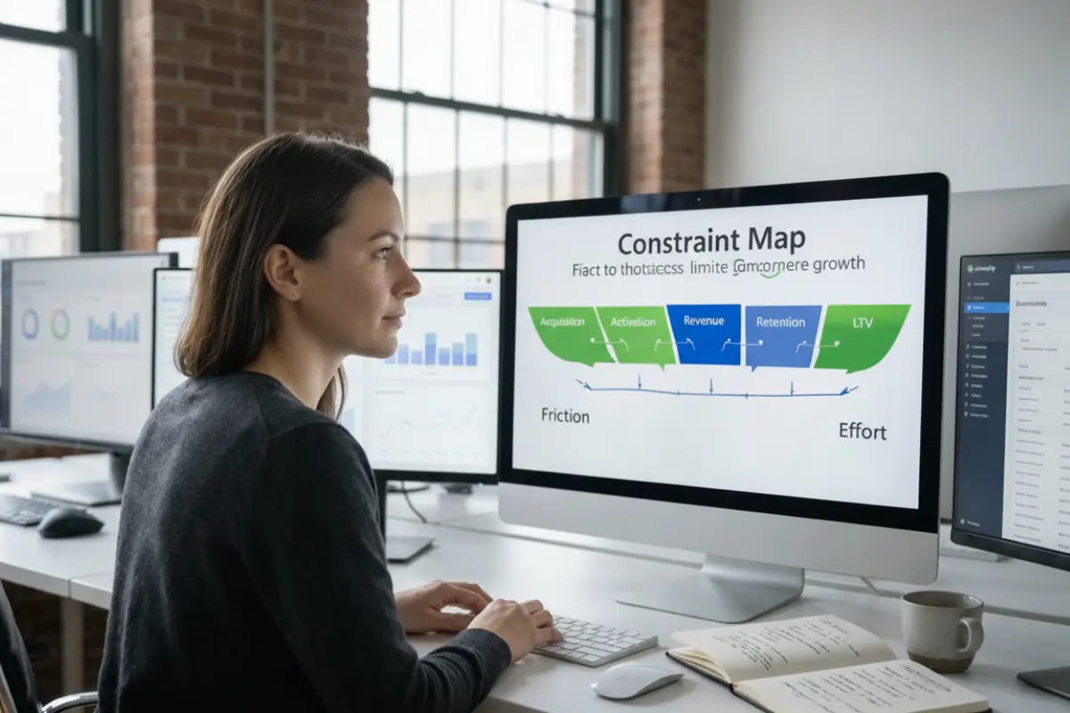 ecommerce growth constraint visualization showing funnel bottleneck limiting conversion and revenue throughput