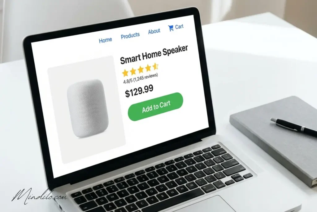  Ecommerce product page with CTA and social proof visible on laptop screen