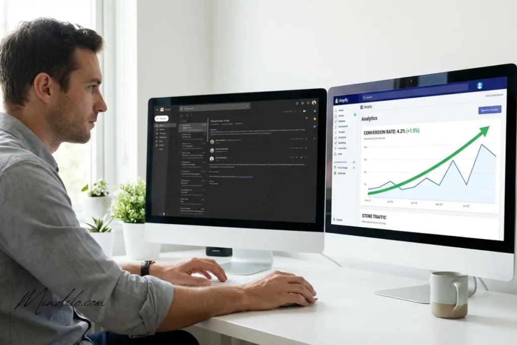 Ecommerce founder reviewing conversion rate dashboard on desktop