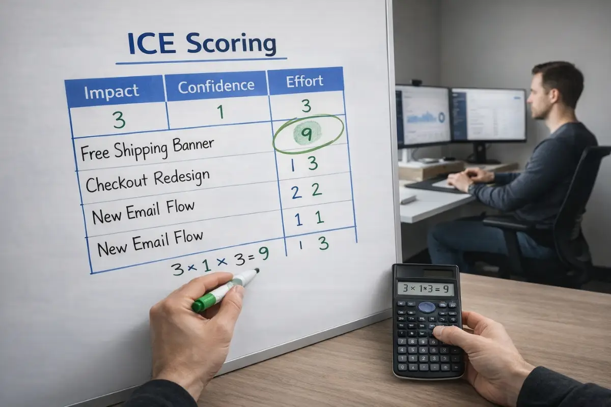 ecommerce experimentation ice framework showing impact confidence effort scoring for hypothesis prioritization