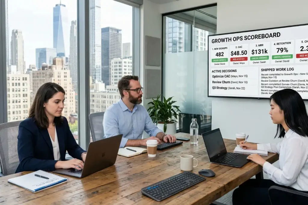 weekly growth ops ecommerce meeting showing scoreboard with metrics decisions owners and shipped work accountability