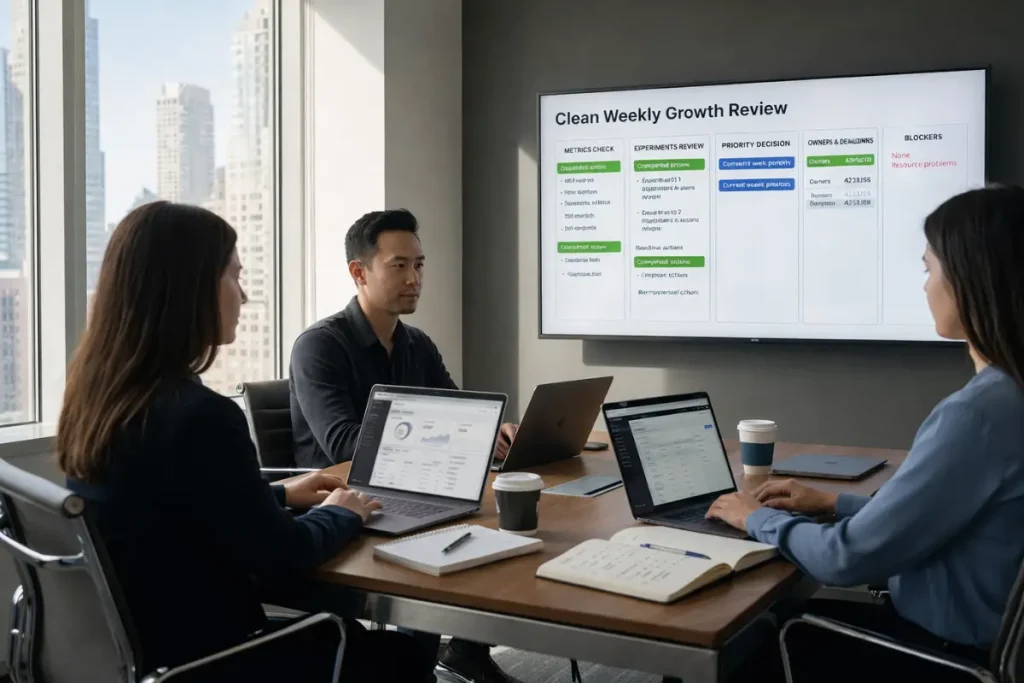 weekly growth review ecommerce meeting agenda showing decisions owners and deadlines for accountability